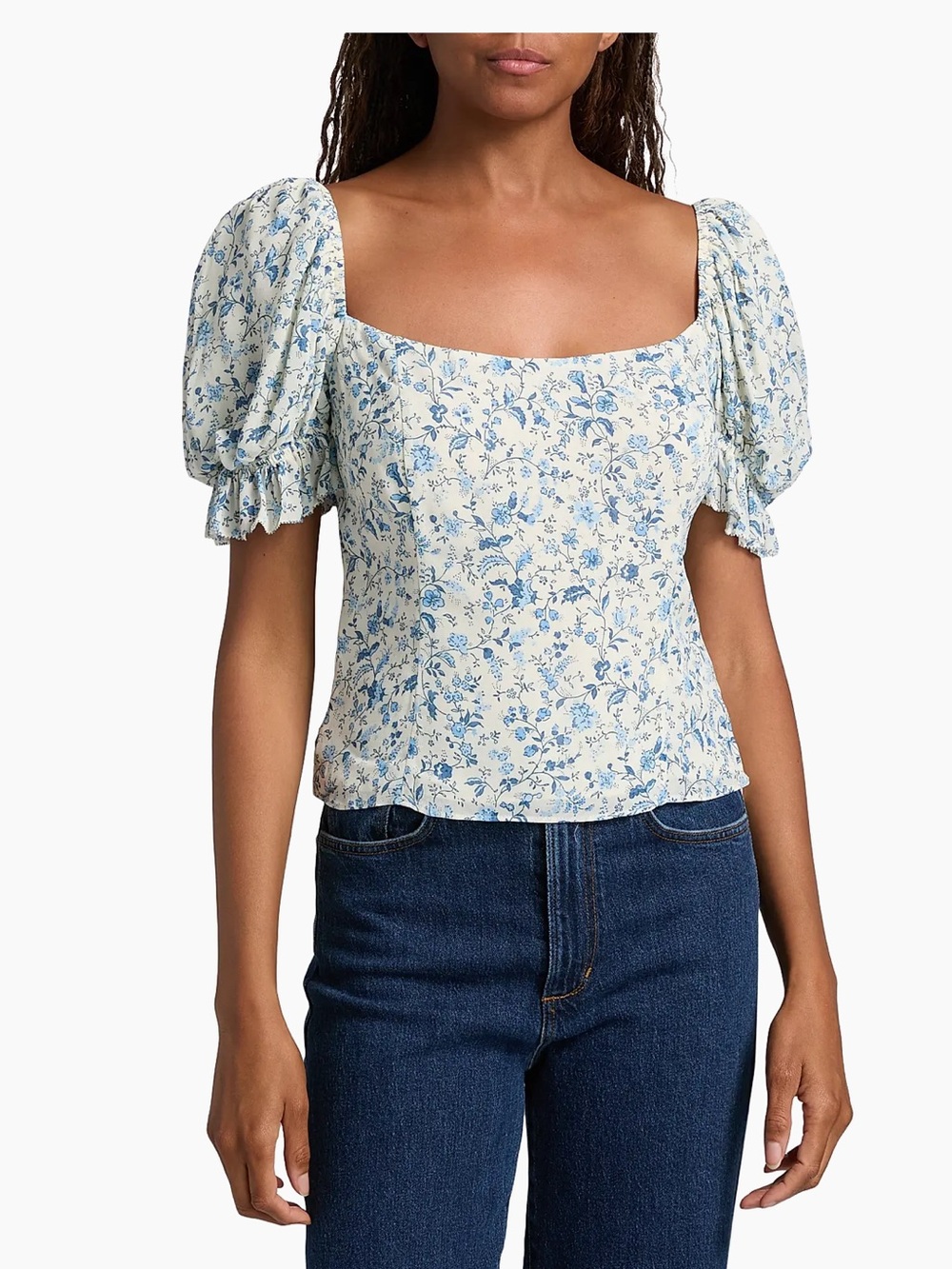 Reformation Marin Floral Top Floral Square-Neck Puff Sleeve Top - Blue/White